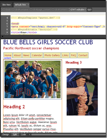 Blue Bells Girls Soccer Club homepage in Expression Web 3