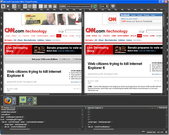 Screenshot of SuperPreview showing how a CNN article appears in FireFox 3 and Internet Explorer 6