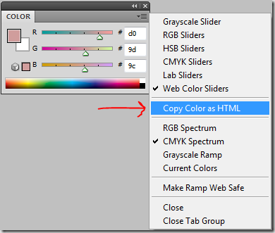 Copy Color as HTML command on COLOR panel