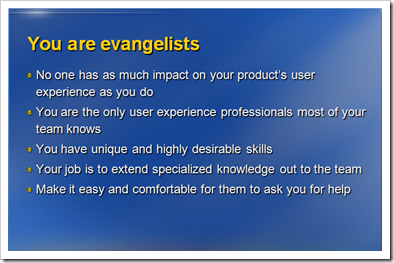 slide includes reasons of why a designer is also an evangelist