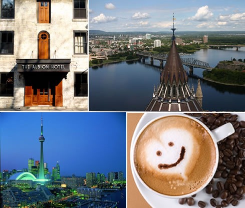 Albion Hotel (Guelph), Ottawa skyline, Toronto skyline, smiling face in the foam of a capuccino