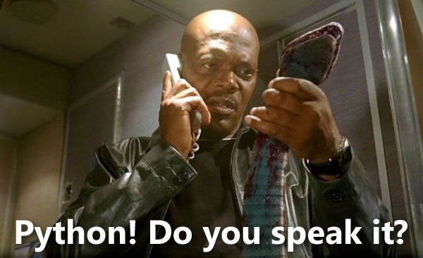 Samuel L. Jackson from "Snakes on a Plane" talking on a phone and holding a snake: "Python! Do you speak it?"