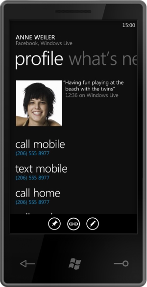 Screenshot of Windows Phone 7 profile page for a person in the "People" hub