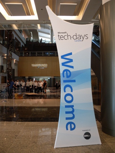 "Welcome" sign at TechDays 2009 Vancouver, showing the Vancouver Convention centre behind it.