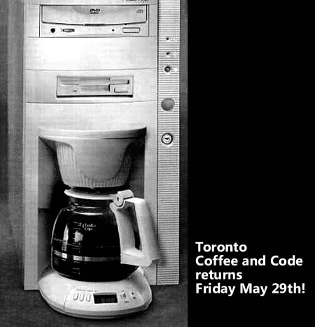 Coffee machine embedded in "tower" computer enclosure: "Toronto Coffee and Code Returns Friday May 29th!"