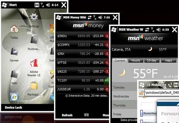 Various Windows Mobile screens showing widgets in action
