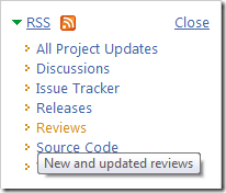 RSS drop down featuring Reviews RSS