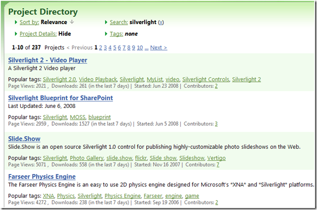 Project Directory showing Silverlight results sorted by relevance
