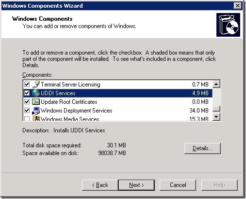 UDDI Services In Windows Components Wizard