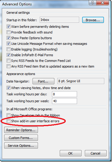 Outlook Advanced Options dialog box