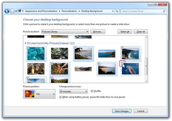 Desktop Background Control Panel: Windows 7 adds support for libraries and desktop background slideshows. I’ve selected the pictures I want to use in my theme.