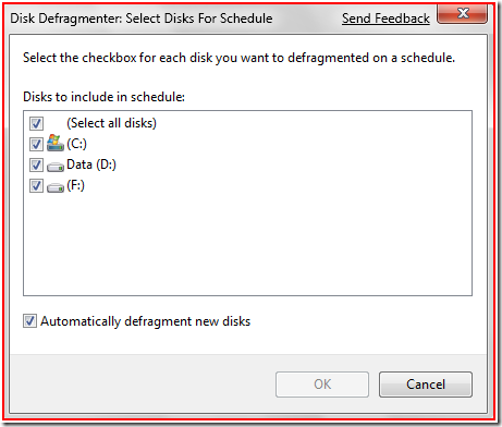 Windows 7 Defrag Disk Selection
