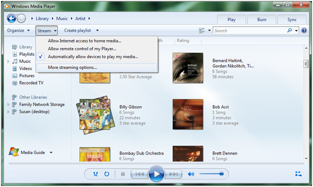 Configuring the stream options in Windows Media Player