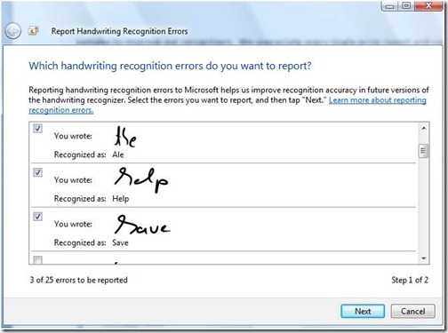 Figure 4: With “Report Handwriting Recognition Errors” people can choose which of the misrecognized ink samples they want to submit.