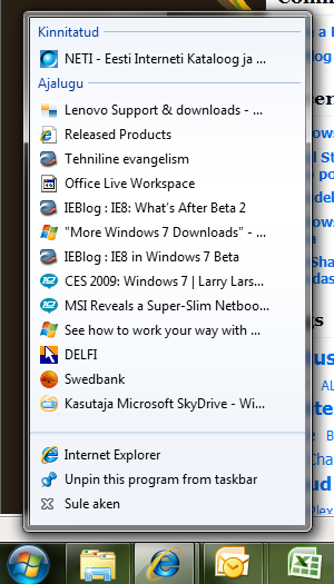 Internet Explorer 8 "jump list" vaade Windows 7-s