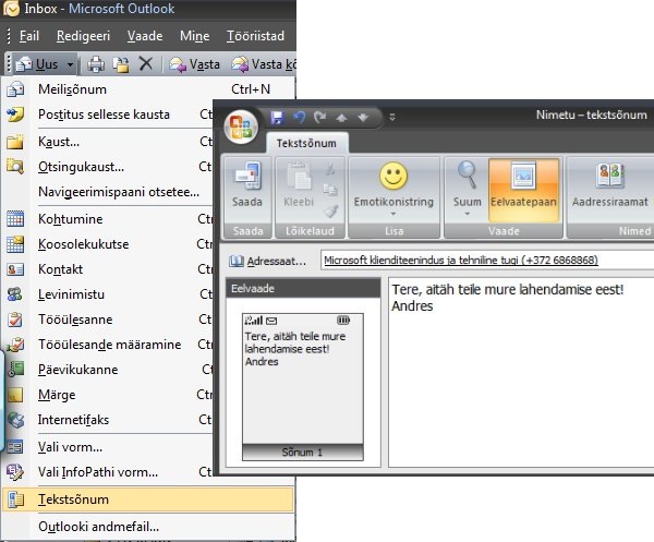 SMSOfficer ekraanipilt - sms sõnumite saatmine üle Outllook 2007