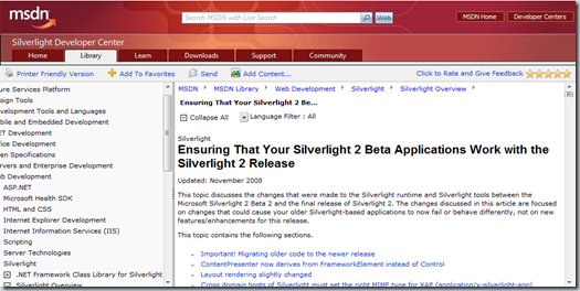 ASegurate que tus aplicaciones Silverlight 2 Beta funcionan correctamente con Silverlight 2 Final