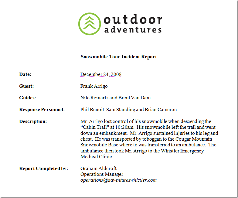 Snowmobile Tour Incident Report