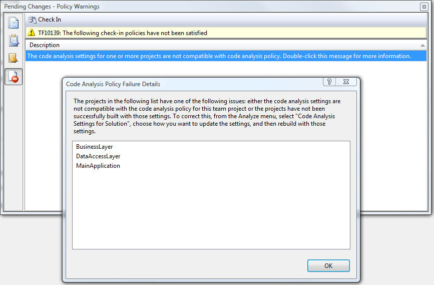 New Code Analysis Policy Failures Details dialog