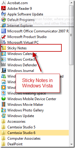 Sticky Notes in Windows Vista