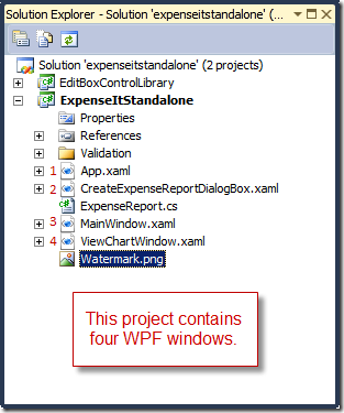 Solution Explorer showing 4 WPF windows
