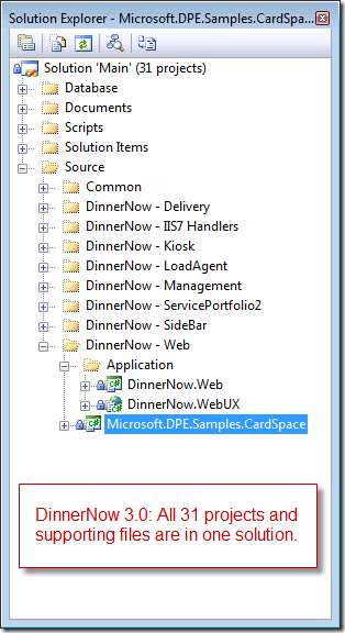 Solution Explorer showing the structure of DinnerNow 3.0
