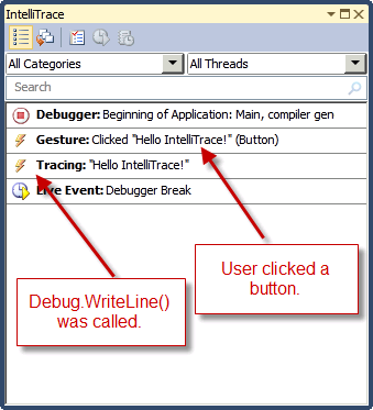 IntelliTrace window with annotations