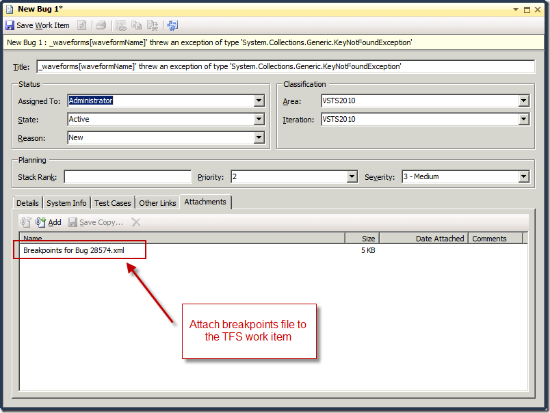 Attach breakpoints file to the TFS work item