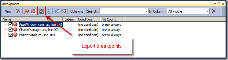 Export breakpoints via Breakpoints window toolbar button 