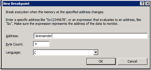Data Breakpoint dialog