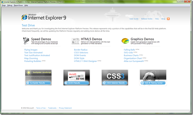 「IE9 テスト ドライブ サイト」という、Platform Preview ビルドのデフォルトホームページの画像です。