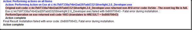 Original exit code: Silverlight2.0_Developer.exe returned non-MSI error code: 0x5de - The event log file is full. 