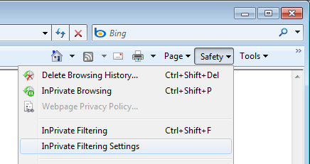 InPrivate Filtering menu