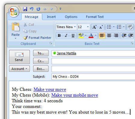 My Chess created email message to Outlook