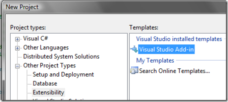 Visual Studio: New project dialog
