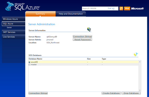SQL Azure portal