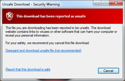 Figure 2: What you see when SmartScreen blocks download that have been reported as unsafe.