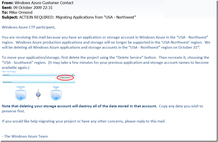 Email from Windows Azure Team