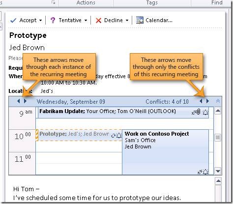 screenshot of meeting series calendar preview in reading pane with labels for the buttons