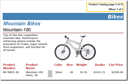 Product Catalog report with overall page numbers, as well as page numbers per product category
