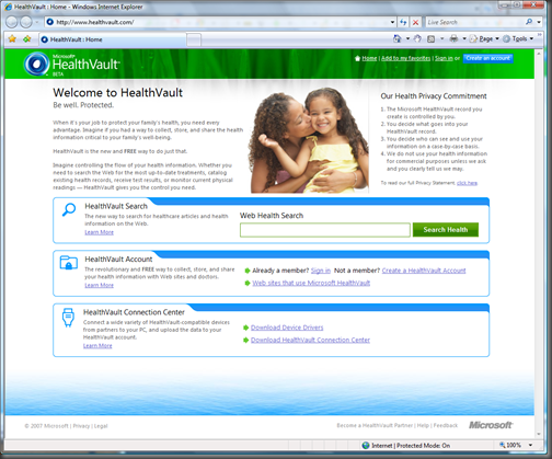 HealthVault Home Page