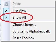 Toolbox Show All command on context menu