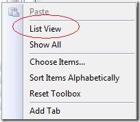 Toolbox List View option on Context Menu