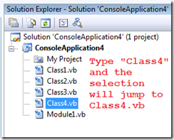 solution explorer supports type-ahead selection