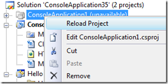 Reload Project option in context menu