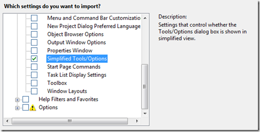 Simplified Tools Options in Tools - Import / Export Settings
