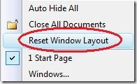 Windows menu Reset Window layout command