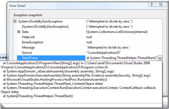 view details for exception thrown dialog box