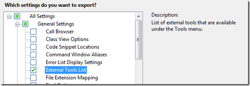 External Tools List export settings