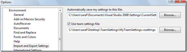 Use team settings file Tools option